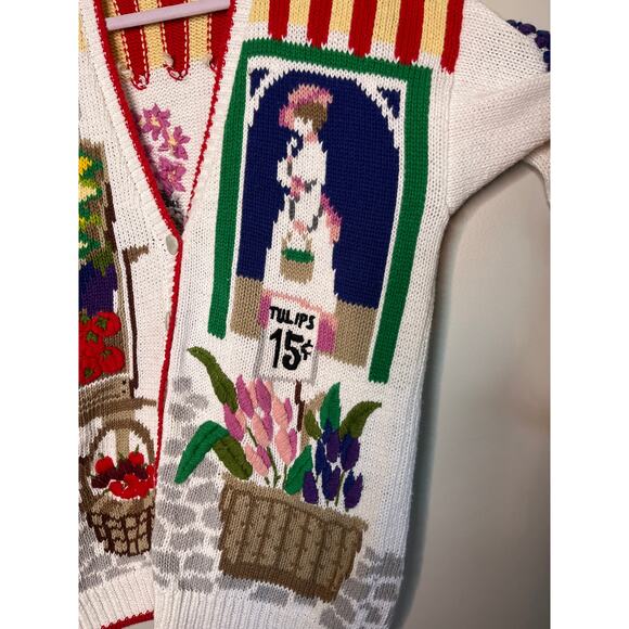 1990s Design Options Farmers Market Produce Art To Wear Fruits Scenic Cardigan L - Picture 4 of 7